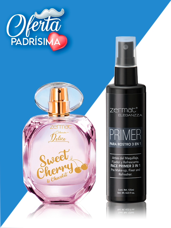 Fragancia Sweet Cherry & Chocolat + Primer para Rostro 3 en 1 Eleganzza