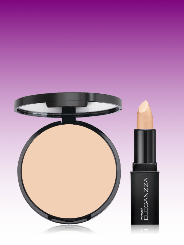 Polvo Compacto de Alta Cobertura Tono Marfil Eleganzza + Corrector de Maquillaje Tono Luz Eleganzza