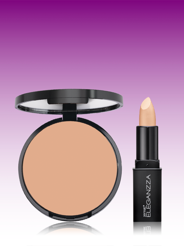 Polvo Compacto de Alta Cobertura Tono Miel Eleganzza + Corrector de Maquillaje Tono Luz Eleganzza