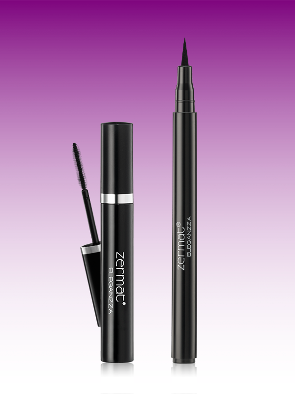 Delineador Plumón para Ojos - Eleganzza Negro + Máscara para Pestañas Ultra Defini Eleganzza