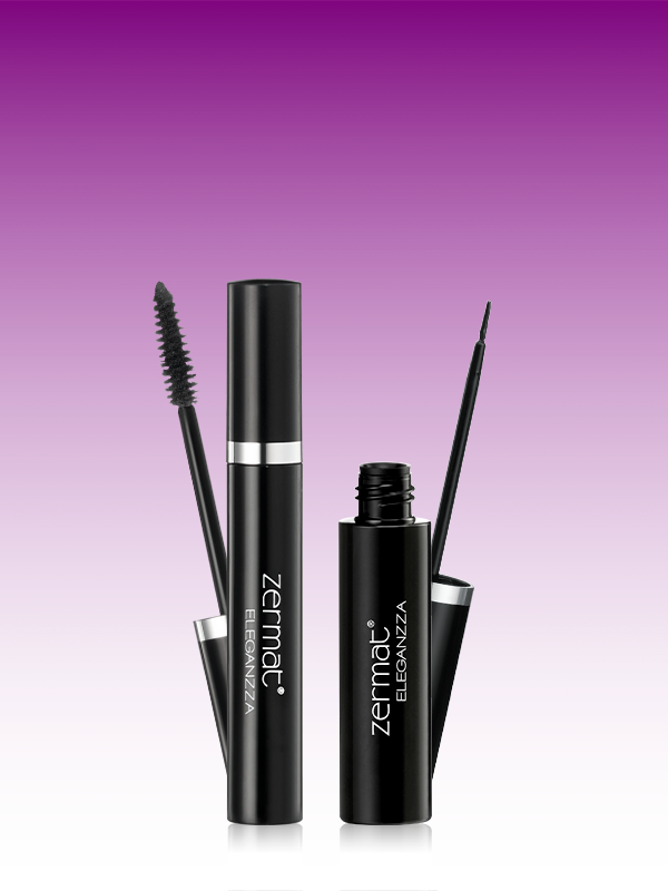 Delineador Líquido para Ojos Negro Eleganzza + Máscara para Pestañas con Cepillo Recto Tono Negro Eleganzza