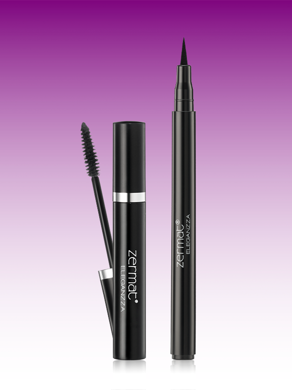 Delineador Plumón para Ojos - Eleganzza Negro + Máscara para Pestañas con Cepillo Recto Tono Negro Eleganzza