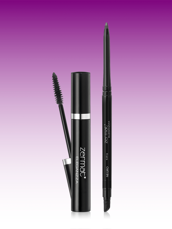 Delineador para Ojos Textura Cremosa Eleganzza Negro + Máscara para Pestañas con Cepillo Recto Tono Negro Eleganzza