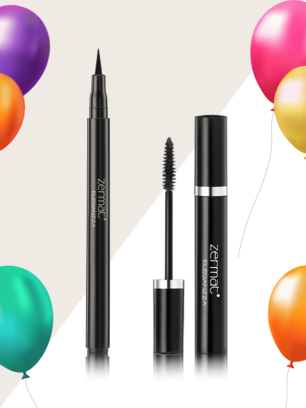 Máscara para Pestañas con Cepillo Recto Eleganzza + Delineador para Ojos Textura Cremosa Eleganzza Negro