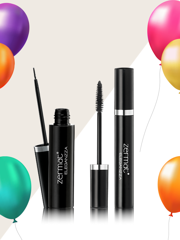 Máscara para Pestañas con Cepillo Recto Eleganzza + Delineador Líquido para Ojos Negro Eleganzza