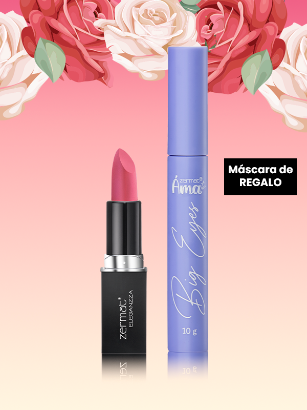 Labial Semimate con Vitamina E Tono Rosa Clavel Eleganzza + Máscara para Pestañas Big Eyes Ámate
