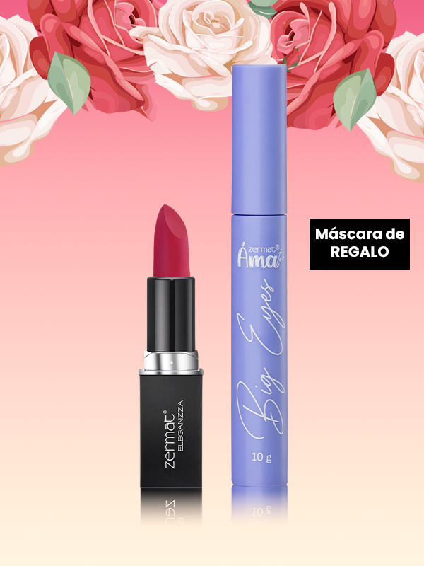 Labial Semimate con Vitamina E Tono Rojo Bugambilia Eleganzza + Máscara para Pestañas Big Eyes Ámate