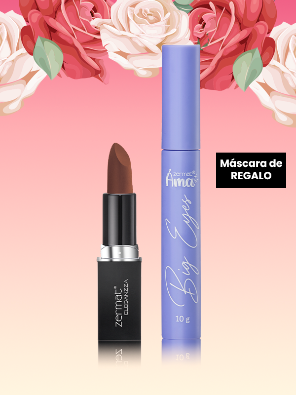 Labial Semimate con Vitamina E Tono Chocolate Eleganzza + Máscara para Pestañas Big Eyes Ámate