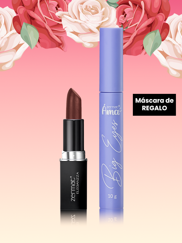 Labial Semimate con Vitamina E Tono Café Desértico Eleganzza + Máscara para Pestañas Big Eyes Ámate