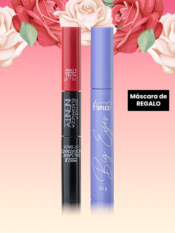 Tinta Labial de Larga Duración con Bálsamo Hidratante Tono Carmín Maravilloso + Máscara para Pestañas Big Eyes Ámate