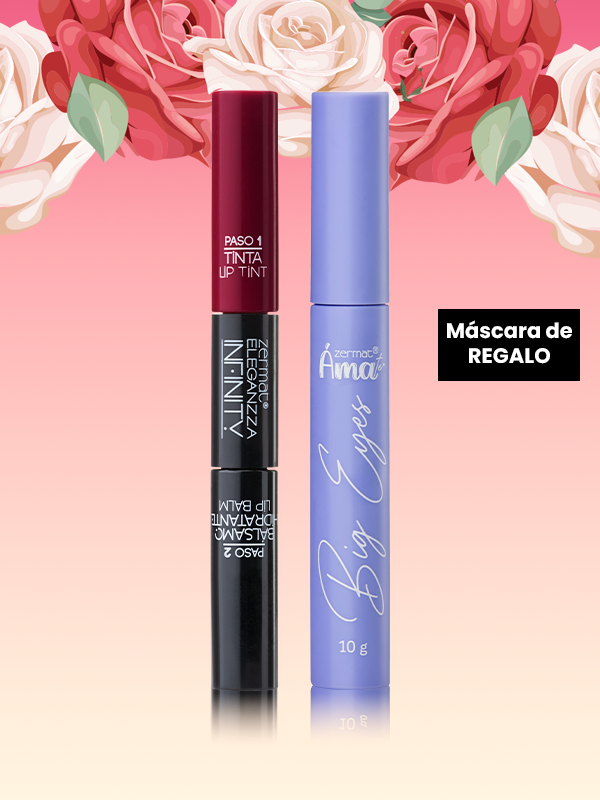 Tinta Labial de Larga Duración Más Bálsamo Hidratante Tono Granada + Máscara para Pestañas Big Eyes Ámate