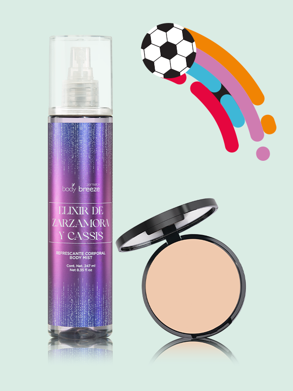 Refrescante Elixir de Zarzamora y Cassis Body Breeze + Polvo Compacto de Alta Cobertura Eleganzza Tono Marfil
