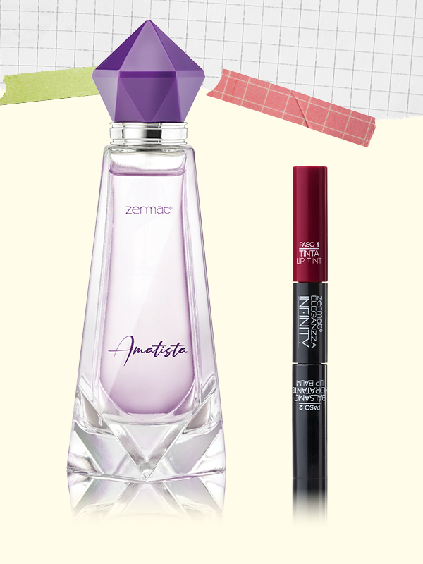 Perfume Amatista + Tinta Labial de Larga Duración Más Bálsamo Hidratante Tono Granada