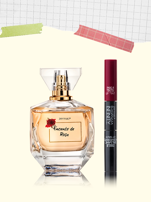 Perfume Encanto de Rosa + Tinta Labial de Larga Duración Más Bálsamo Hidratante Tono Granada